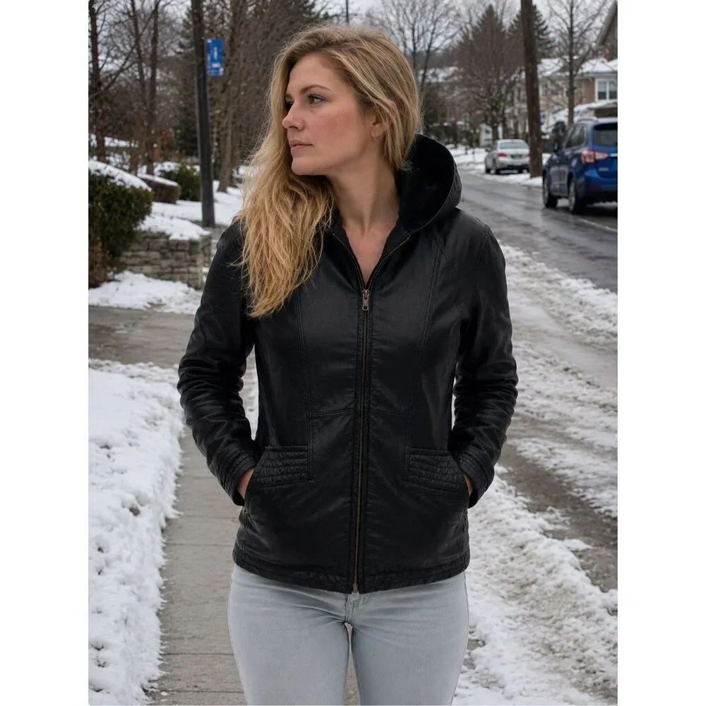 Great White Bear Black Leather Zip Jacket Fur Lined Women’s S